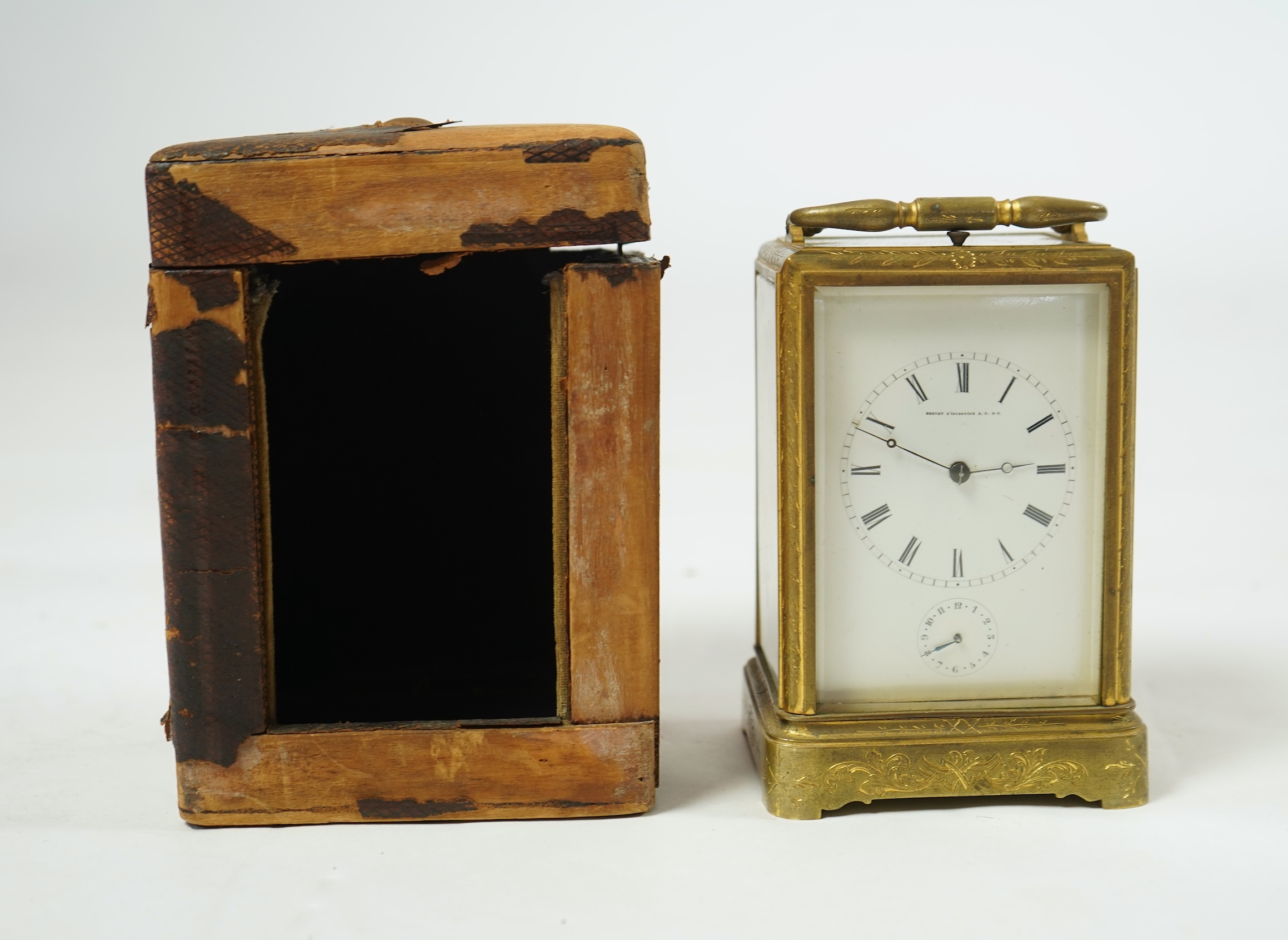 A mid 19th century French gilt brass repeating carriage clock with alarm by Japy Freres